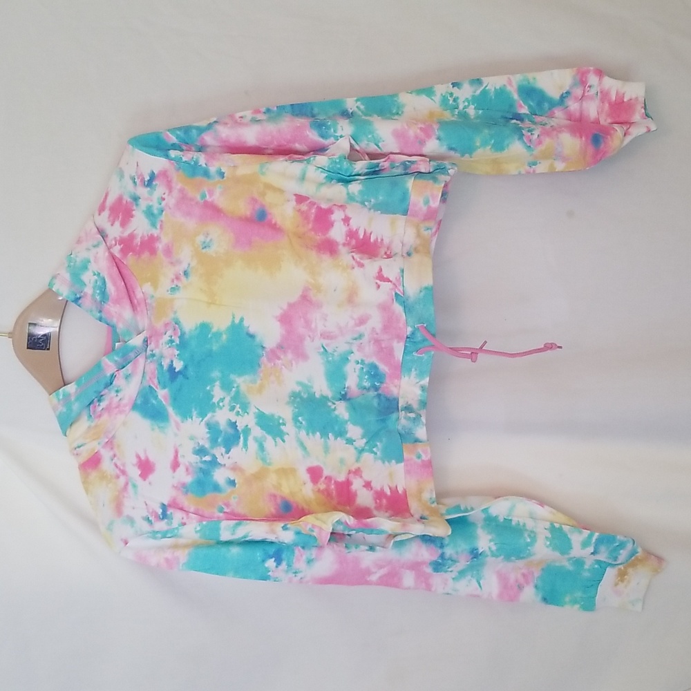 PASTEL TIE DYE CROPPED HOODIE SWEATSHIRT COVER UP PINK BLUE YELLOW COTTO…